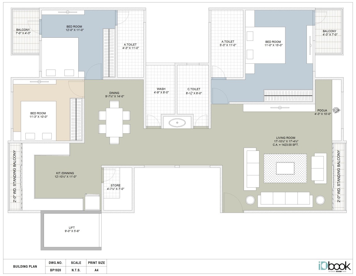 Capacious 3 BHK flat planning