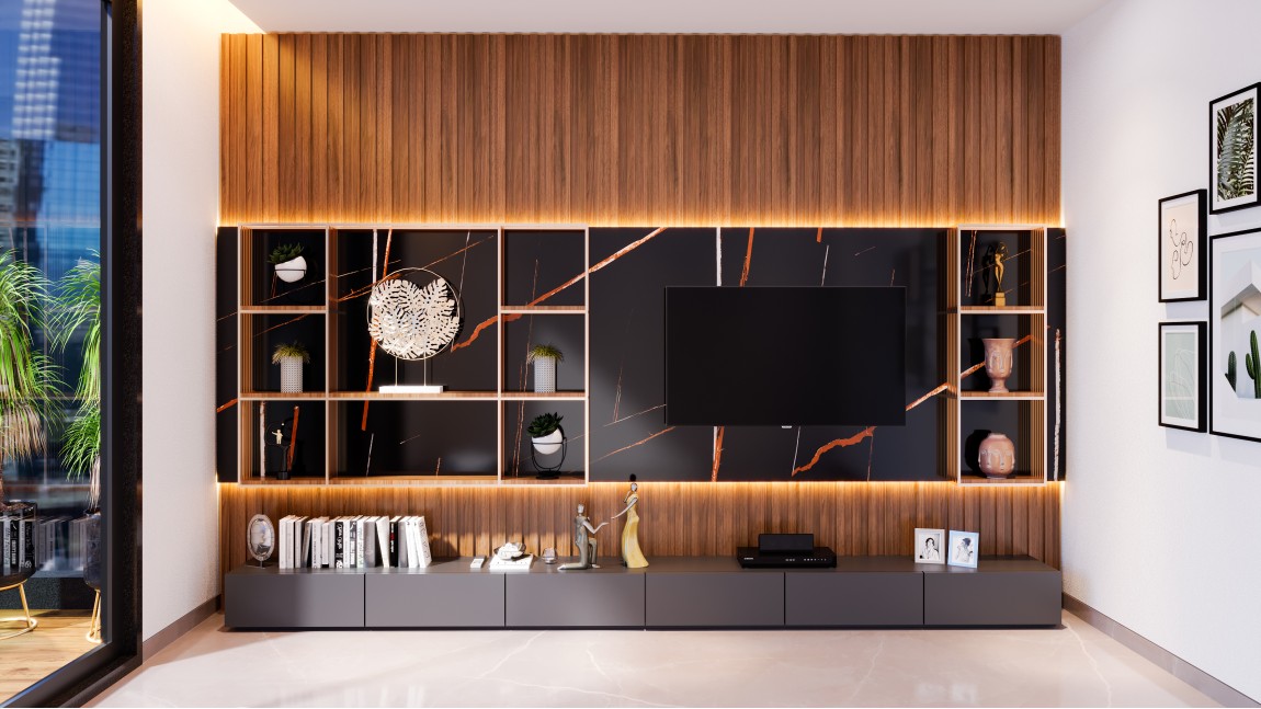 Layered, Luxurious TV Unit Design